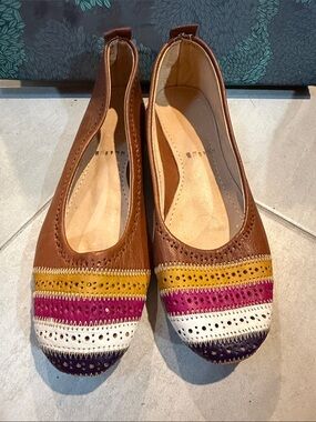 Tan Leather Ballet Flats with Multicolor Toe Accents